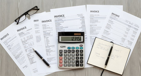 Overhead view of financial papers, a calculator, pen, glasses, and a notebook on a textured wooden surface.の素材