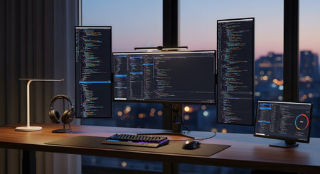 A sleek desk with multiple vertical monitors displaying code, a lamp, and headphones, overlooking a city at dusk.の素材