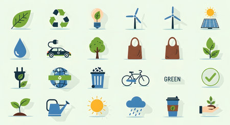 A grid of colorful icons depicting environmental themes like recycling, renewable energy, nature, and sustainable practices.の素材