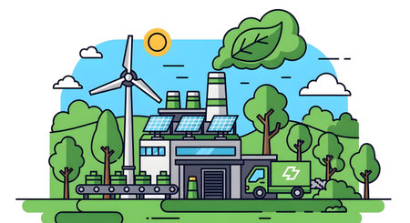 A stylized illustration of a factory powered by renewable energy sources like wind and solar, surrounded by lush greenery.の素材