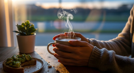 Hands hold a steaming mug of coffee by a window, with a small plant and coffee beans on a wooden table.の素材