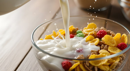 Milk is poured into a clear glass bowl filled with a mix of colorful cereal, nuts, and red berries.の素材