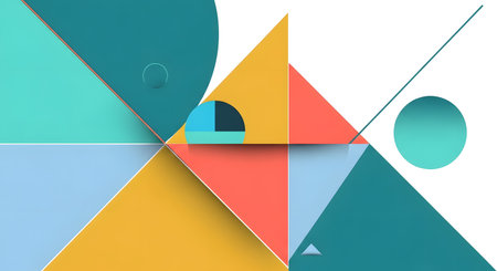 A vibrant abstract composition featuring overlapping geometric shapes like triangles and circles in a modern, flat design style.の素材