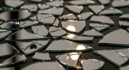 A close-up view of many small, irregularly shaped broken mirror pieces scattered across a dark surface, reflecting light.の素材