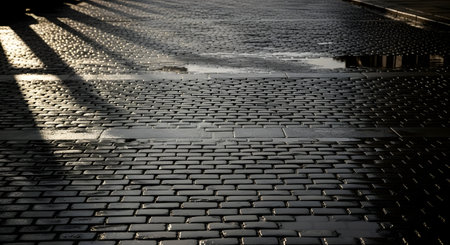 Dramatic sunlight casts long shadows across a textured, wet cobblestone street, creating a moody and atmospheric urban scene.の素材
