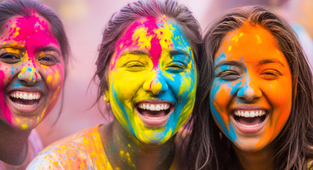 Three young women laugh with their faces brightly painted with colorful powders during a celebration.の素材