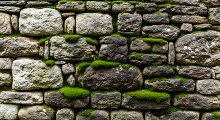 A close-up view of a weathered, irregular stone wall with vibrant green moss growing in the crevices between the rocks.の素材