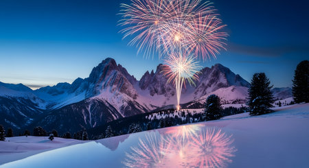 A vibrant fireworks show illuminates the twilight sky above snow-covered mountains, reflecting in the pristine landscape below.の素材