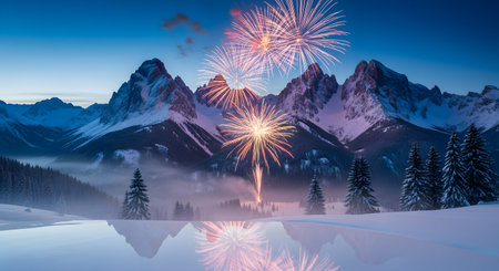 Fireworks explode over snow-covered mountains and a misty valley, reflecting in a calm body of water below.の素材