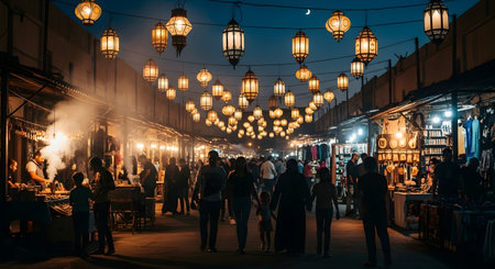 A bustling night market in Morocco, with people walking under a canopy of glowing lanterns and smoke rising from food stalls.の素材