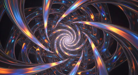 A mesmerizing fractal vortex with glowing blue and orange tendrils spiraling inwards towards a bright, luminous center.の素材