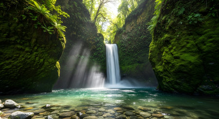 A breathtaking waterfall cascades into a clear turquoise pool, framed by moss-covered canyon walls bathed in ethereal sunlight.の素材