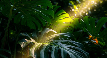 Golden sunlight streams through dense, vibrant green leaves in a tropical jungle, creating a magical, ethereal atmosphere.の素材