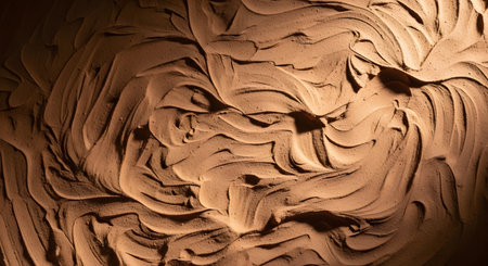 Close-up view of textured, layered rock formations with warm lighting highlighting the organic, flowing patterns and shadows.の素材