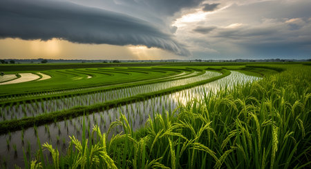 A vast expanse of vibrant green rice paddies reflects the turbulent sky as a massive storm approaches, casting dramatic shadows.の素材