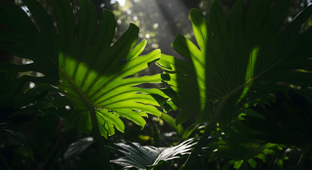 Sunbeams pierce through dense, vibrant green leaves in a tropical forest, creating a dramatic and serene atmosphere.の素材