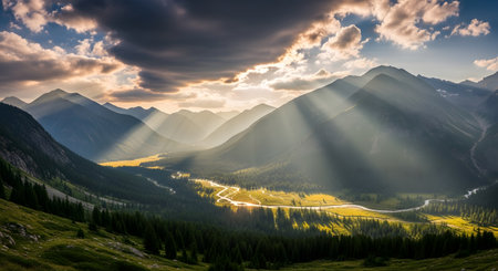 Sunlight streams through dramatic clouds, illuminating a lush green valley nestled between towering, rugged mountains.の素材