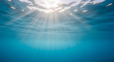 Sunlight beams pierce through the surface of the ocean, creating a mesmerizing underwater light show in the clear blue water.の素材