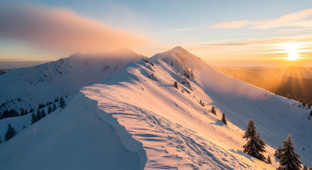 A majestic snow-covered mountain range illuminated by the warm glow of a setting sun, casting long shadows.の素材