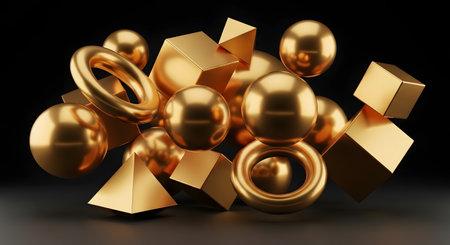 A dynamic arrangement of shiny golden geometric forms, including spheres, cubes, and tori, suspended against a dark background.の素材