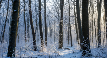 Tall trees stand in a winter forest, their branches dusted with snow, as sunlight streams through the canopy.の素材