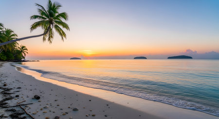 A tranquil beach scene at sunset with a leaning palm tree, gentle waves, and distant islands under a colorful sky.の素材