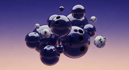 A cluster of glossy, dark blue and white amorphous shapes float against a soft, gradient sky.の素材