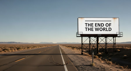 A stark billboard with the ominous message 'THE END OF THE WORLD' stands beside a lonely desert road, evoking a sense of desolation and finality.の素材