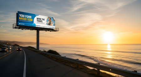 A large billboard stands beside a highway overlooking the ocean as the sun sets, casting a warm glow.の素材