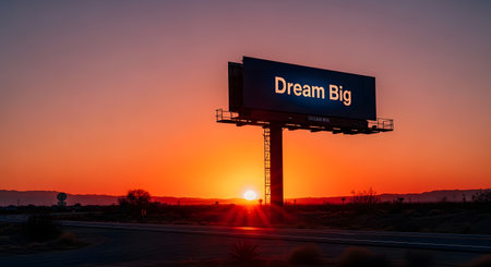 A large billboard displays the words Dream Big as the sun sets, casting a warm orange glow over the landscape.の素材