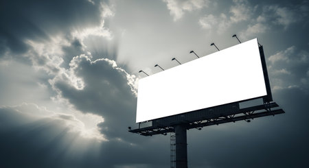 A large, empty billboard stands tall against a dark, ominous sky filled with dramatic clouds and shafts of light.の素材