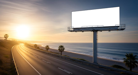 A large, empty billboard stands tall beside a coastal highway as the sun sets over the ocean, casting a warm glow.の素材