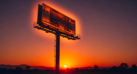 A tall billboard stands silhouetted against a vibrant orange and red sunset, its lights glowing brightly.の素材