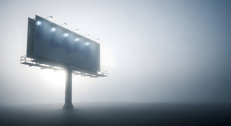 A large, brightly lit billboard emerges from a dense, atmospheric fog, creating a dramatic and mysterious scene.の素材