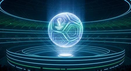 A luminous, oval-shaped object with detailed etchings hovers above a circular, illuminated platform in a dark, futuristic setting.の素材