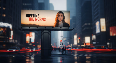 A large billboard advertising the Lifetime movie 'The Nanny' is illuminated in a bustling city at night with blurred lights.の素材