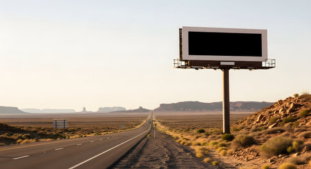 A lone billboard stands beside a long, empty desert highway stretching towards distant mesas under a pale sky.の素材