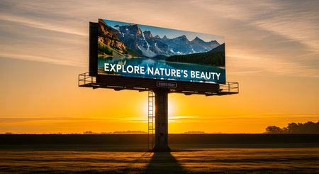 A large billboard displays a stunning mountain landscape against a vibrant sunset, promoting exploration of nature's beauty.の素材