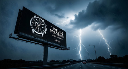 A dark, stormy sky with lightning strikes illuminates a billboard displaying a skull graphic and text, set against a highway.の素材