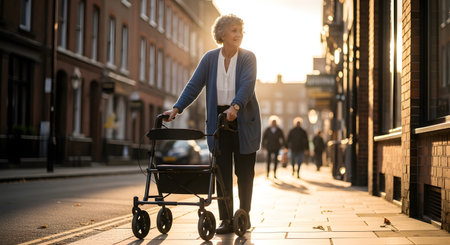 An older woman with a walker walks down a cobblestone street bathed in warm sunlight. Other people are blurred in the background.の素材