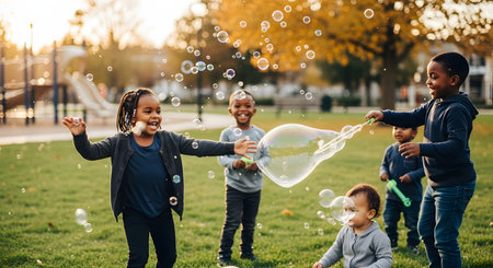 A group of diverse children laugh and play with large, iridescent bubbles in a grassy park on a sunny day.の素材