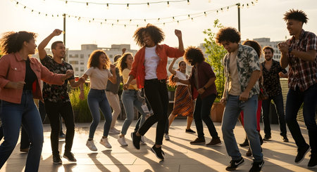 A diverse group of young adults are captured mid-dance, celebrating together on a sunny rooftop with string lights overhead.の素材