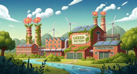 A vibrant, cartoon-style factory complex features solar panels, green roofs, and smokestacks emitting clean energy, set against a lush landscape.の素材
