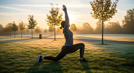 A woman in silhouette performs a yoga pose outdoors in a park as the sun rises, with dew glistening on the grass.の素材