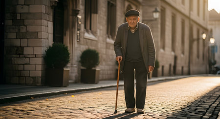 An elderly man with a cane walks down a historic cobblestone street bathed in warm sunlight. Buildings line the sides of the street.の素材