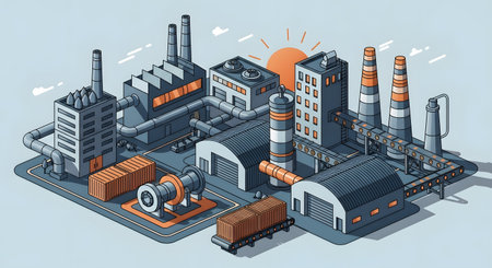 A detailed isometric illustration of a sprawling industrial complex featuring multiple buildings, smokestacks, pipes, and a small train.の素材