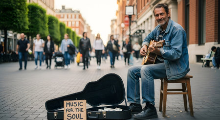 A man sits on a stool playing an acoustic guitar on a cobblestone street with people walking in the background.の素材