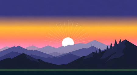 A stylized, flat design depicts layered purple mountains under a vibrant orange and pink sunset sky with a rocket ascending.の素材