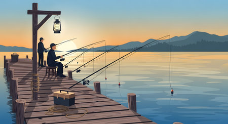Two men cast their fishing lines from a rustic wooden pier as the sun sets over a calm lake with distant mountains.の素材
