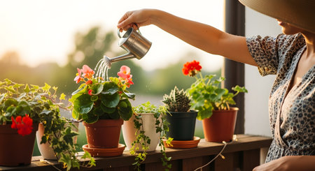 A person waters colorful potted flowers on a balcony at sunset, enjoying a peaceful gardening moment.の素材